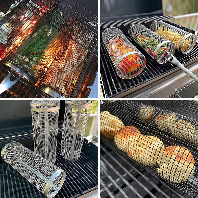 Stainless Steel Rolling BBQ Basket β Portable Mesh Grill Cylinder for Perfect Outdoor Barbecues & Camping