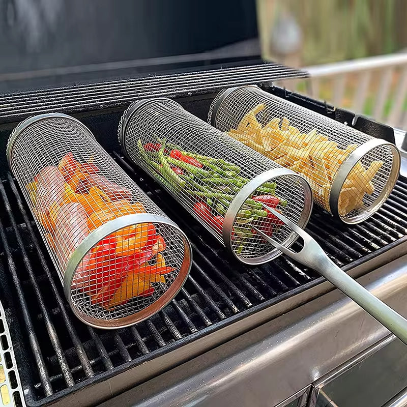 Stainless Steel Rolling BBQ Basket β Portable Mesh Grill Cylinder for Perfect Outdoor Barbecues & Camping