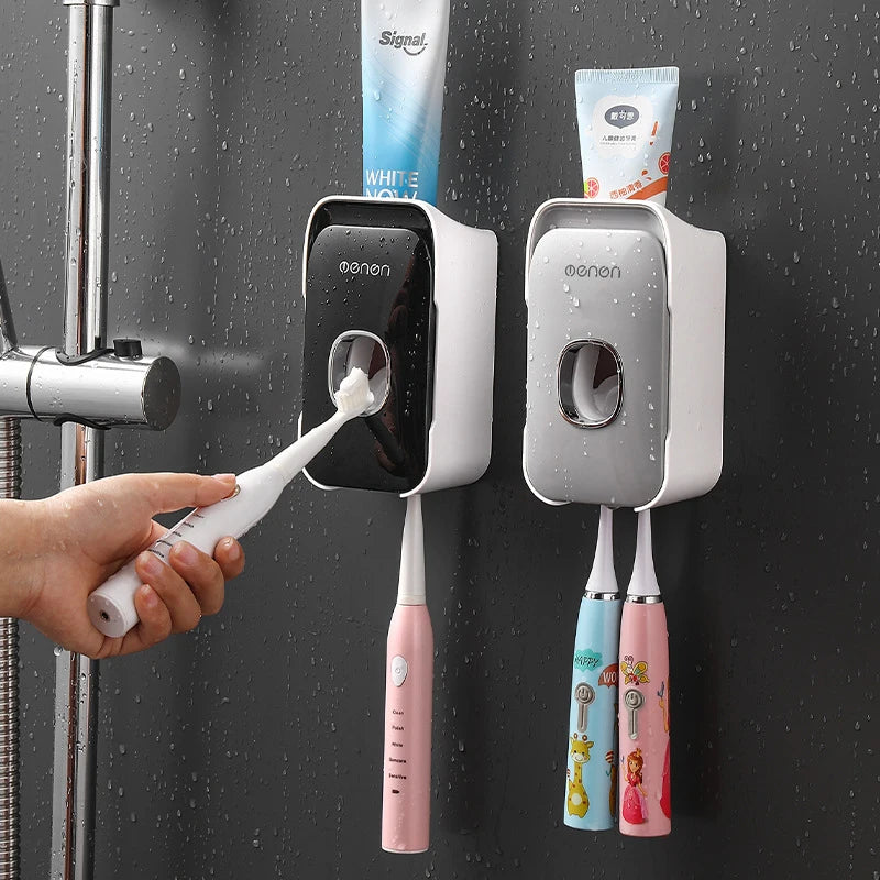 Automatic Wall-Mounted Toothpaste Dispenser & Toothbrush Holder Set - Effortless Bathroom Organization!